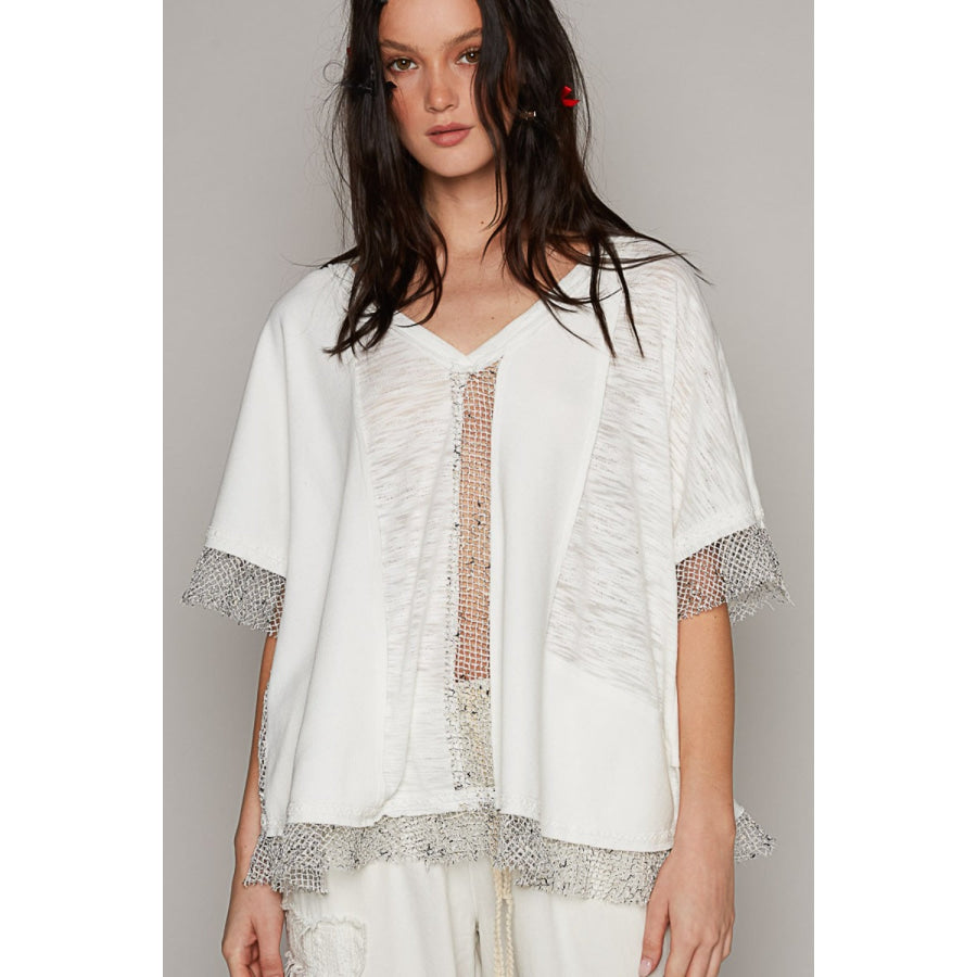 POL Openwork V - Neck Half Sleeve Top Off White / S Apparel and Accessories