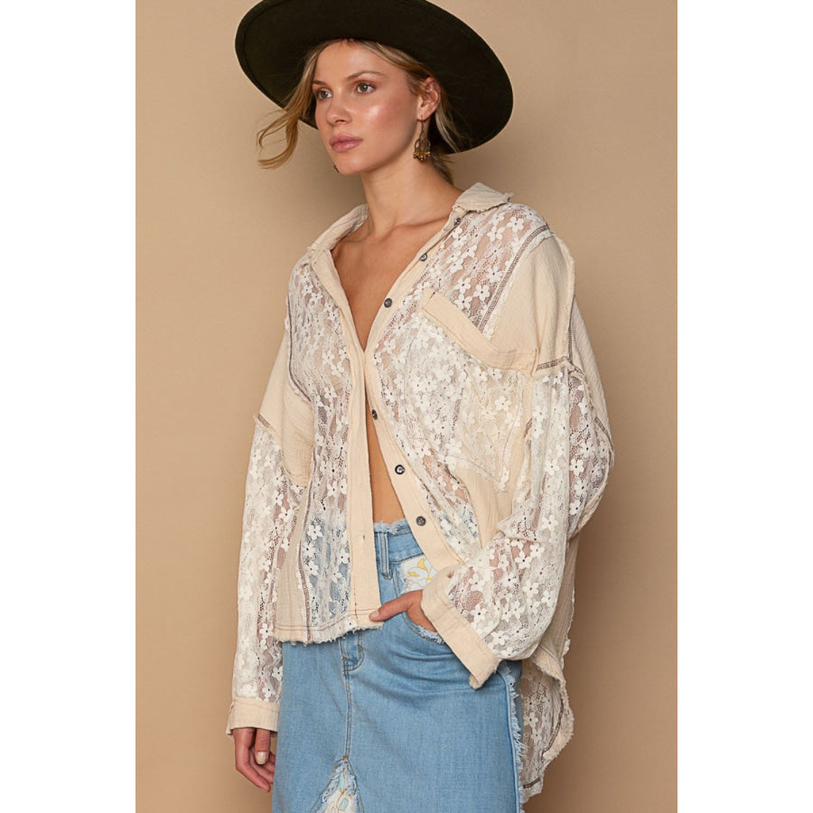 POL Oversize Lace Button-Down Shirt Apparel and Accessories