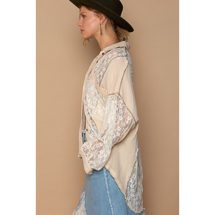 POL Oversize Lace Button-Down Shirt Apparel and Accessories