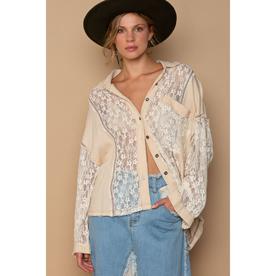 POL Oversize Lace Button-Down Shirt Sand / S Apparel and Accessories