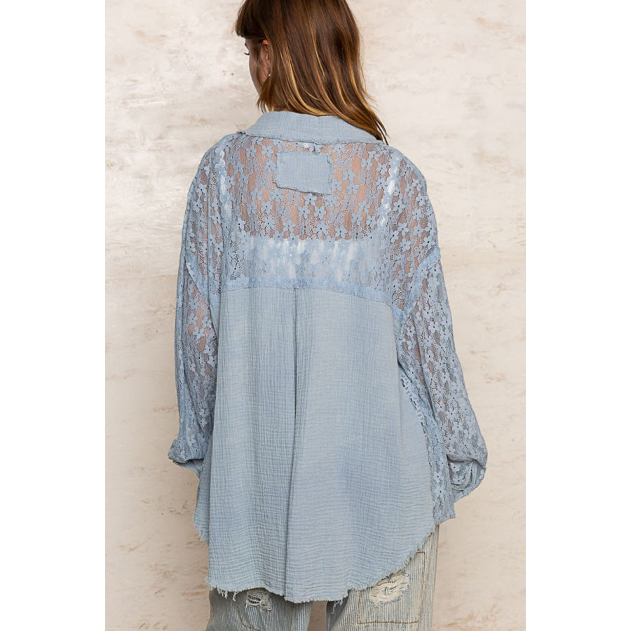 POL Oversize Pocket Front Lace Button-Down Shirt Cornflower / S Apparel and Accessories