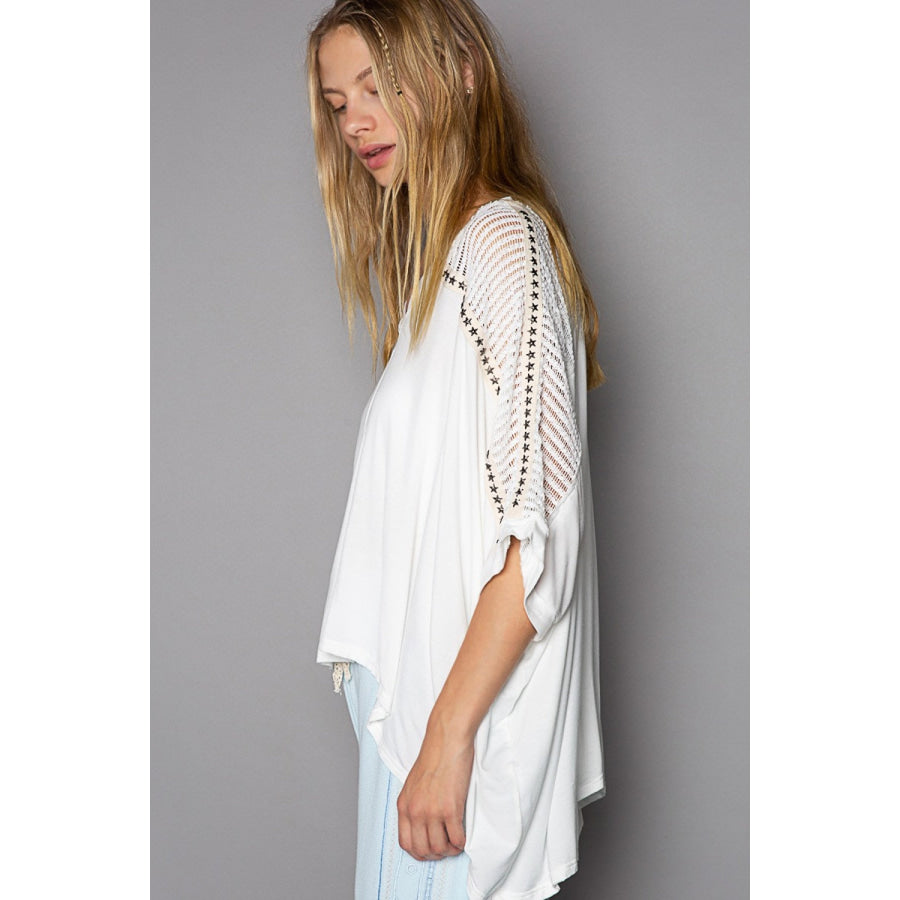 POL Oversize V-Neck Crochet Lace Contrast Studded Top Apparel and Accessories