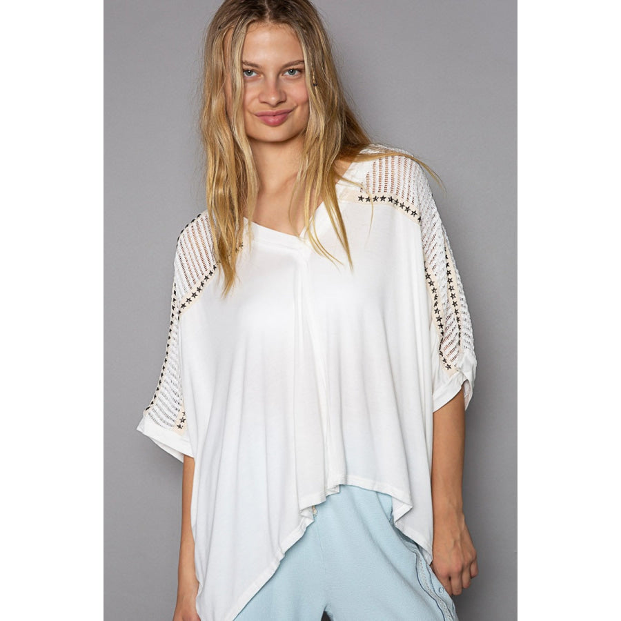 POL Oversize V-Neck Crochet Lace Contrast Studded Top Ivory / S Apparel and Accessories