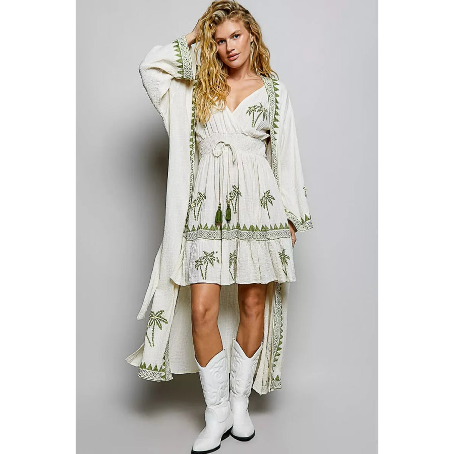 POL Palm Tree Print Wrap Bodice Smocked Waist Ruffle Hem Dress Apparel and Accessories