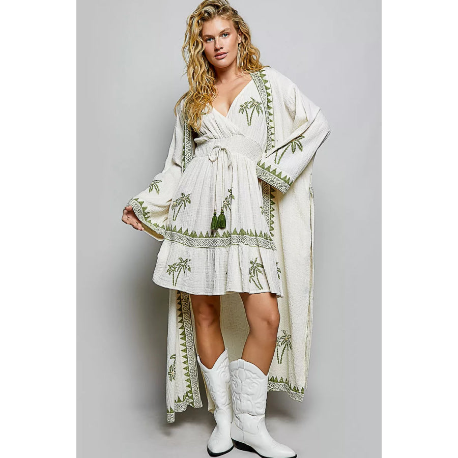 POL Palm Tree Print Wrap Bodice Smocked Waist Ruffle Hem Dress Apparel and Accessories
