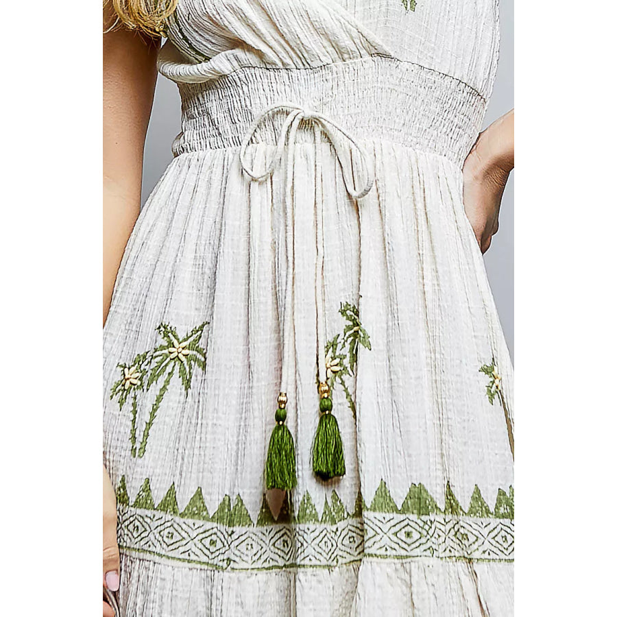 POL Palm Tree Print Wrap Bodice Smocked Waist Ruffle Hem Dress Apparel and Accessories