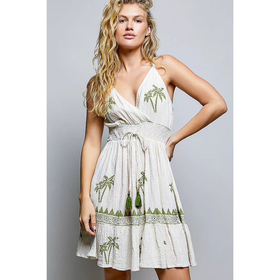 POL Palm Tree Print Wrap Bodice Smocked Waist Ruffle Hem Dress NATURAL / S Apparel and Accessories