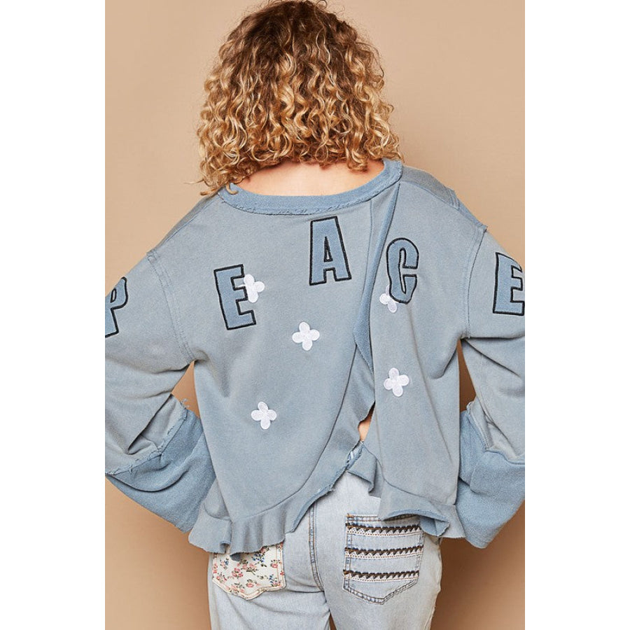 POL Peace Embroidered Exposed Seam Back Ruffle V-Neck Top Light Blue / S Apparel and Accessories