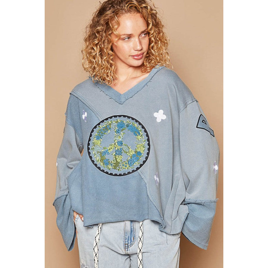 POL Peace Embroidered Exposed Seam Back Ruffle V-Neck Top Light Blue / S Apparel and Accessories