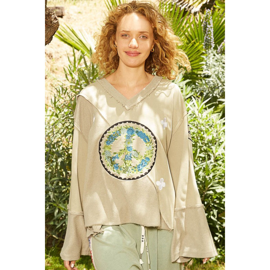 POL Peace Embroidered Exposed Seam Back Ruffle V-Neck Top Wheat Grass / S Apparel and Accessories