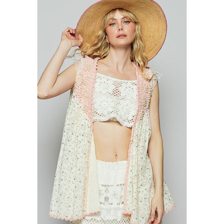 POL Pearl Detail Open Front Sleeveless Cardigan Pink Multicolor / S Apparel and Accessories