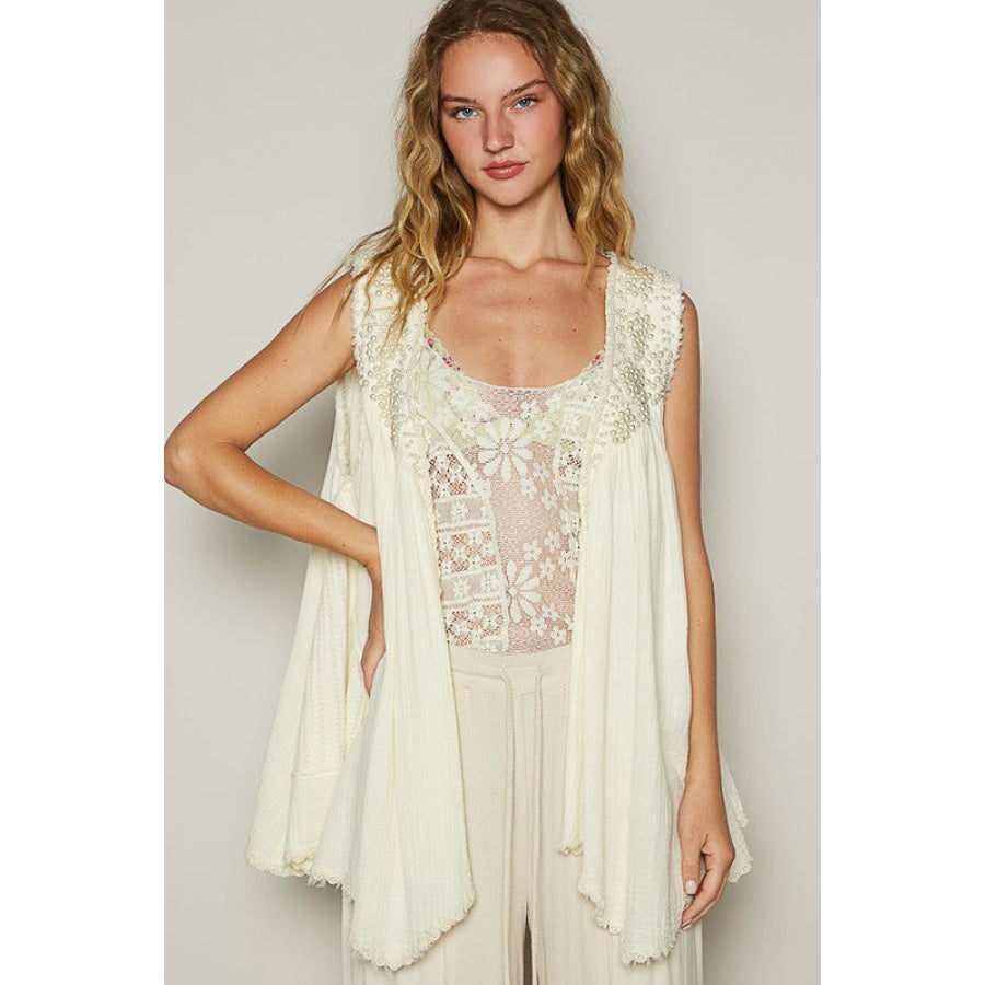 POL Pearl Detail Open Front Sleeveless Cardigan Cream / S Apparel and Accessories