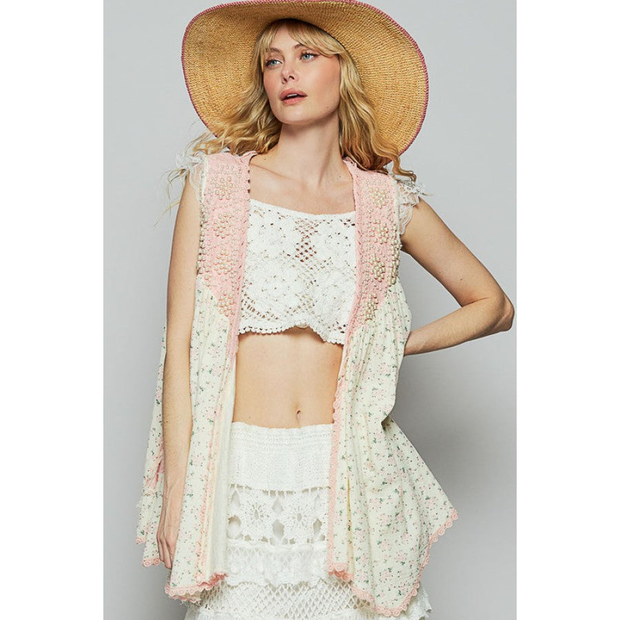 POL Pearl Detail Open Front Sleeveless Cardigan Pink Multicolor / S Apparel and Accessories