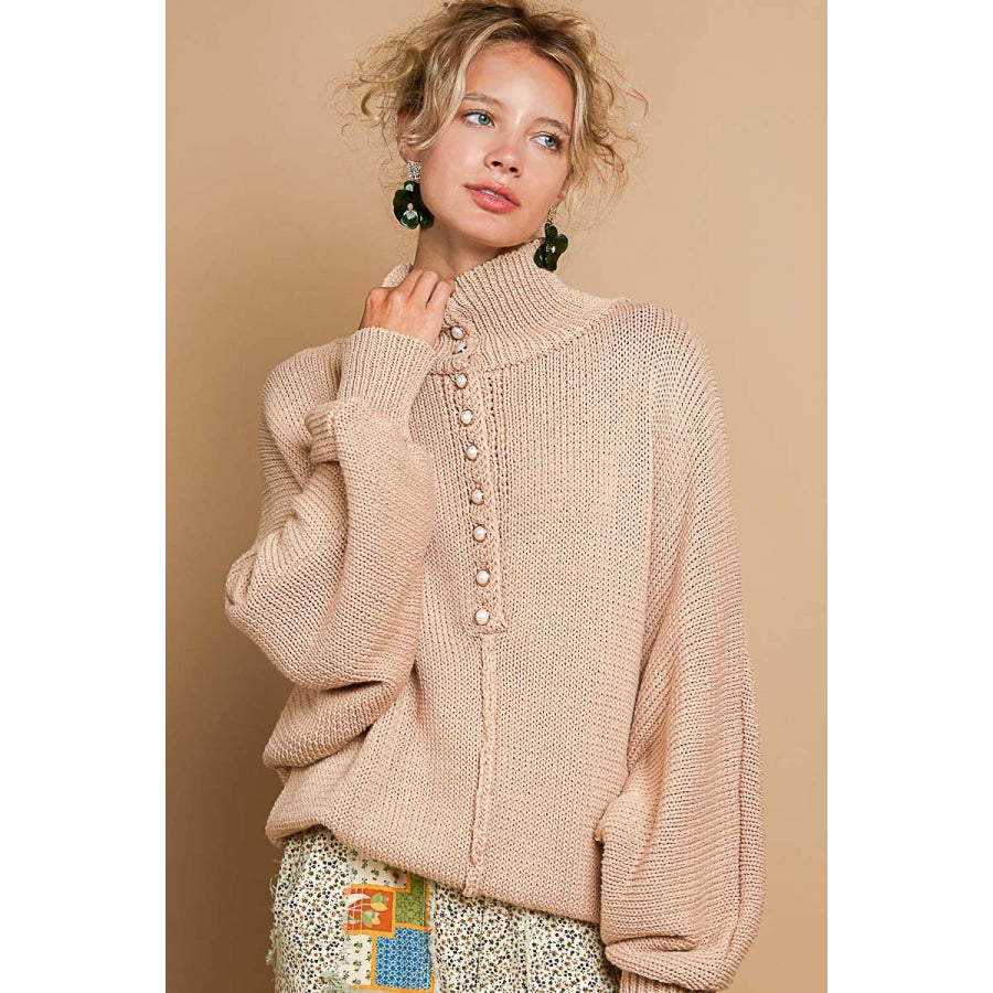 POL Pearl Detail Turtleneck Long Sleeve Sweater Latte / S Apparel and Accessories