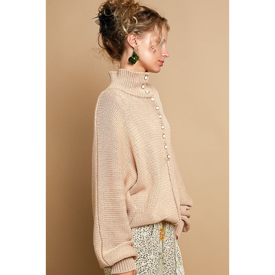 POL Pearl Detail Turtleneck Long Sleeve Sweater Apparel and Accessories