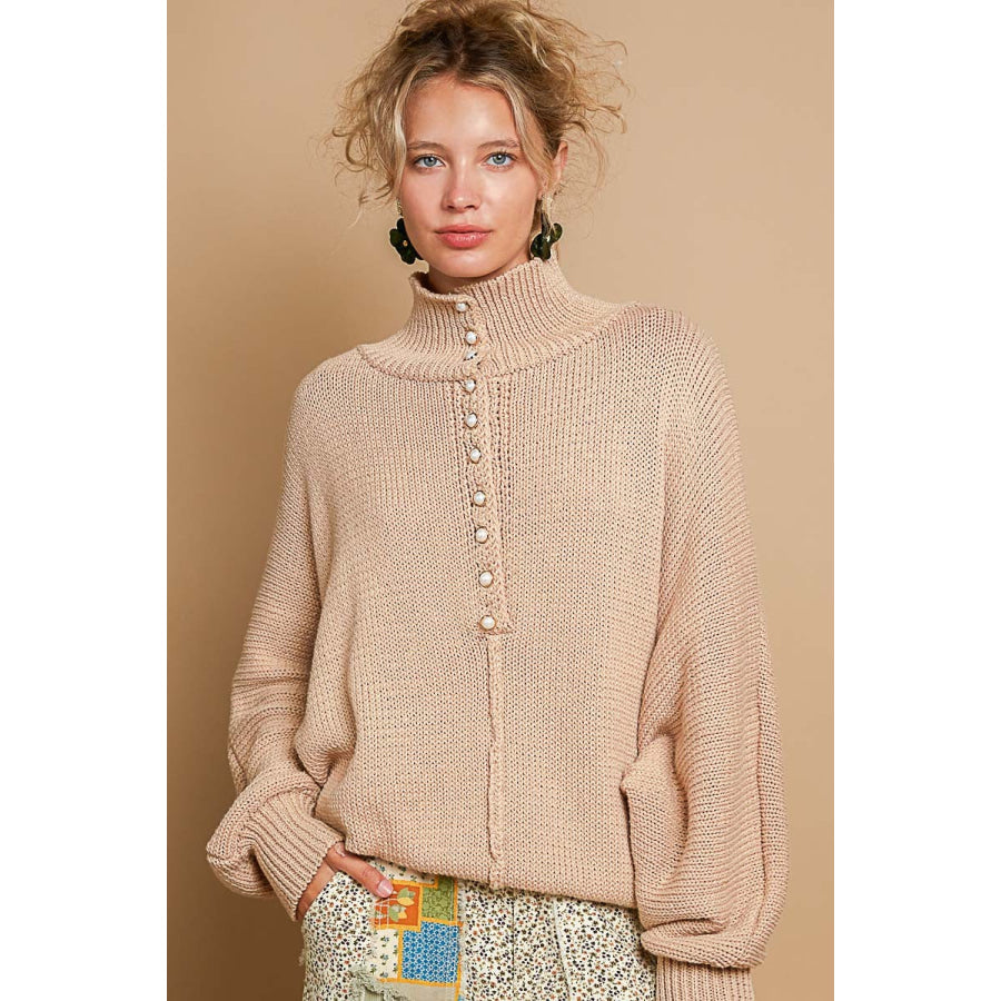 POL Pearl Detail Turtleneck Long Sleeve Sweater Latte / S Apparel and Accessories