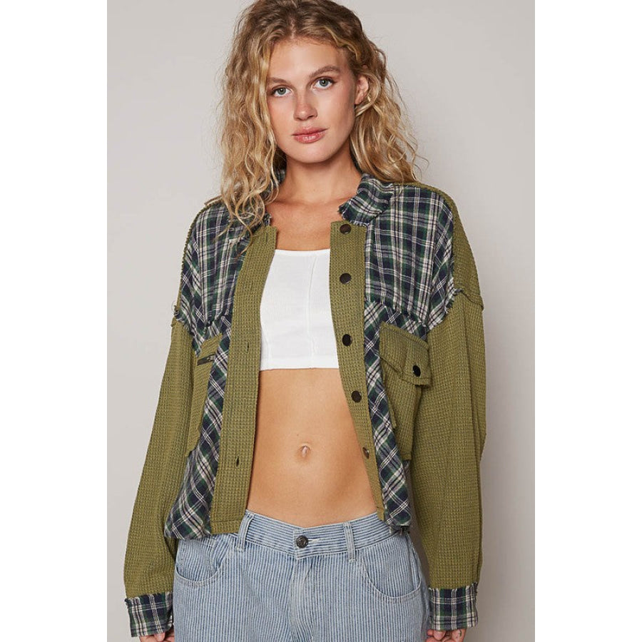 POL Plaid Button Down Shirt with Chest Pockets Olive / S Apparel and Accessories