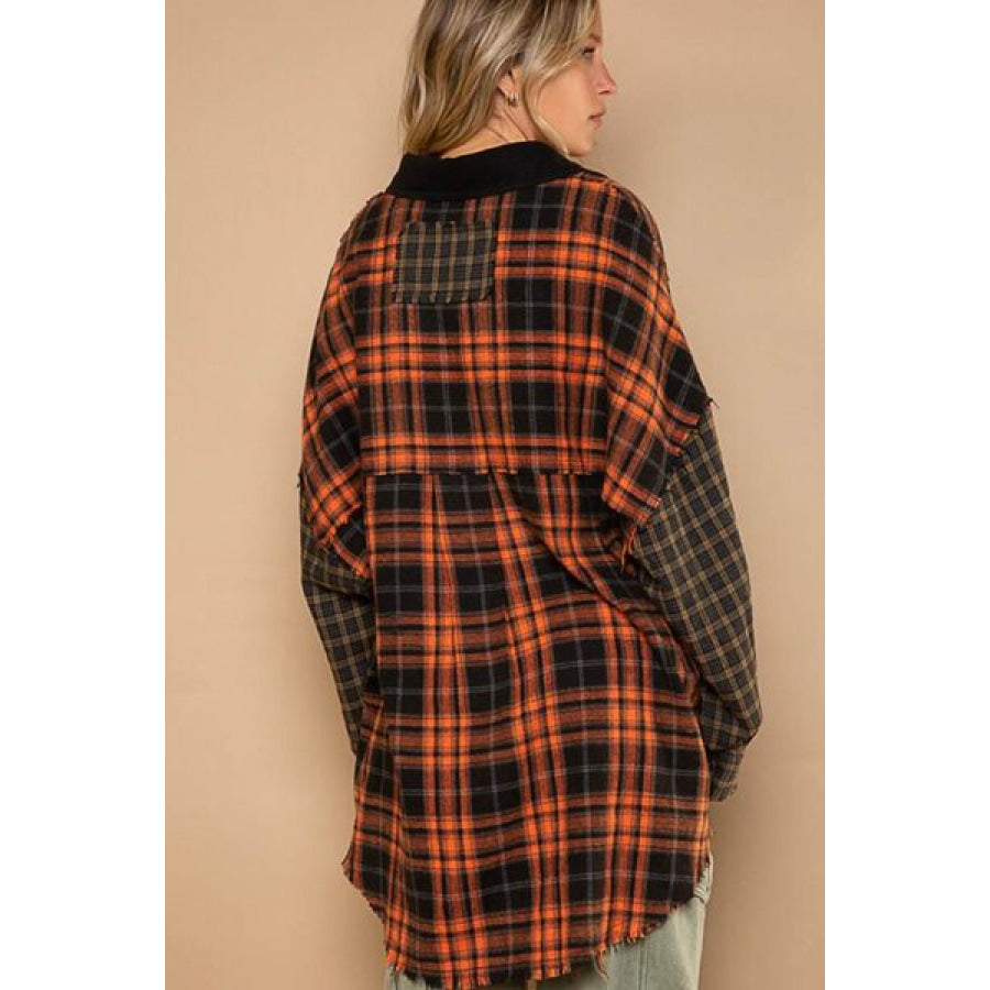 POL Plaid Contrast Long Sleeve Raw Hem Shacket with Chest Pockets Apparel and Accessories