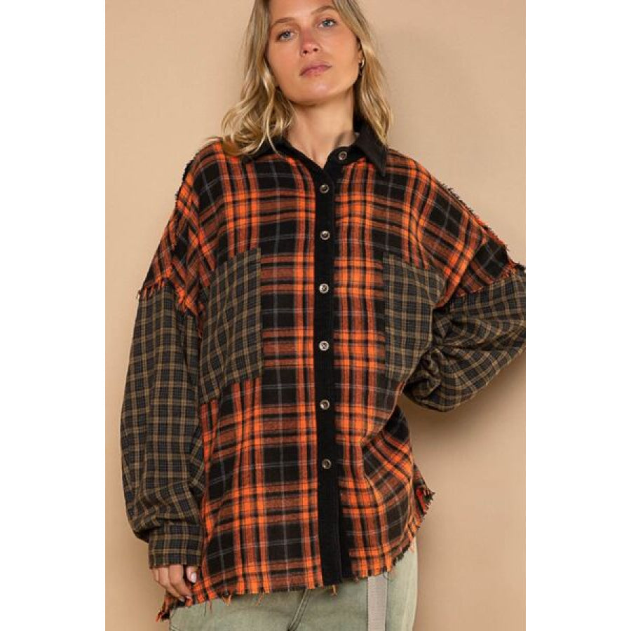 POL Plaid Contrast Long Sleeve Raw Hem Shacket with Chest Pockets Orange Multi / S Apparel and Accessories