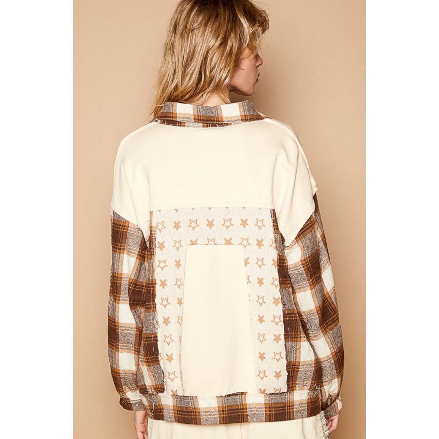 POL Plaid & Star Patchwork Contrast Long Sleeve Shacket Beige / S Apparel and Accessories