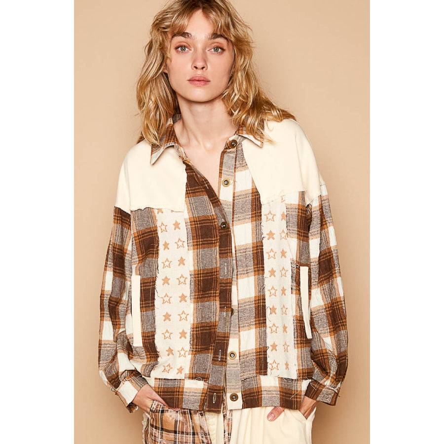 POL Plaid &amp; Star Patchwork Contrast Long Sleeve Shacket Beige / S Apparel and Accessories