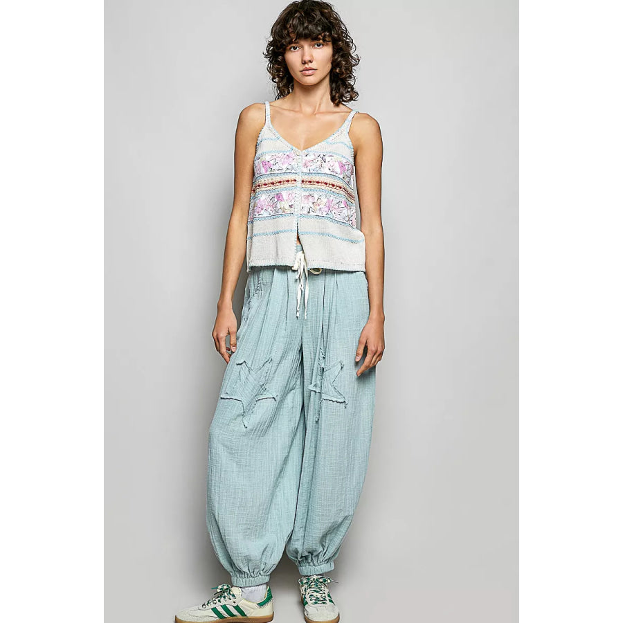 POL Printed Contrast Button Down Cami with Trim Detail and Blanket Stitch Apparel and Accessories