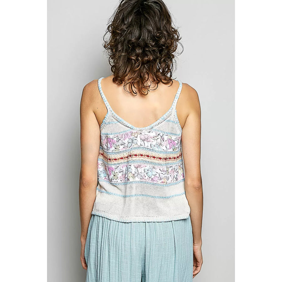 POL Printed Contrast Button Down Cami with Trim Detail and Blanket Stitch Apparel and Accessories