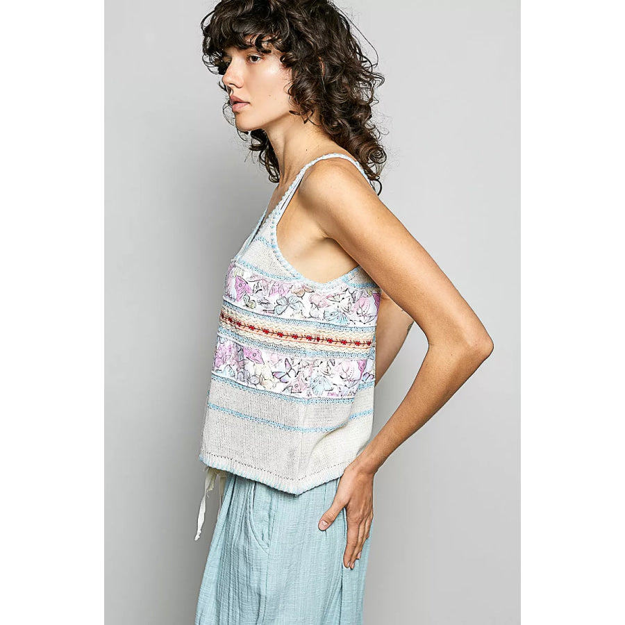 POL Printed Contrast Button Down Cami with Trim Detail and Blanket Stitch Apparel and Accessories
