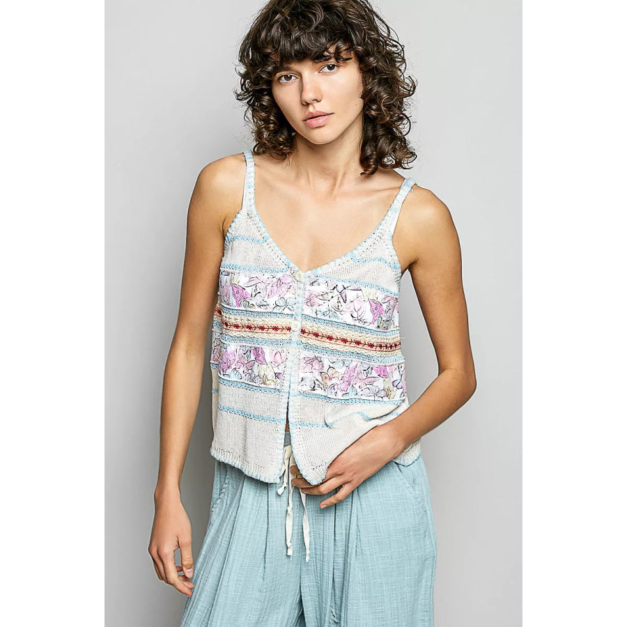 POL Printed Contrast Button Down Cami with Trim Detail and Blanket Stitch Apparel and Accessories