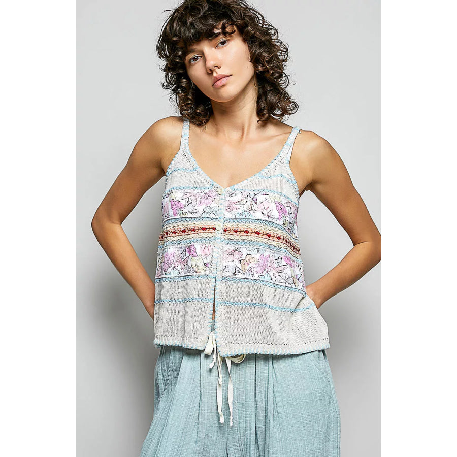 POL Printed Contrast Button Down Cami with Trim Detail and Blanket Stitch CREAM/BLUE / S Apparel and Accessories