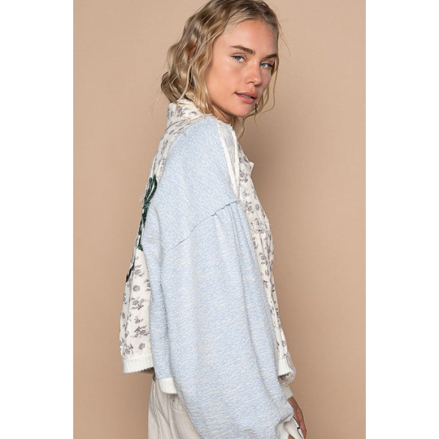 POL Printed Drop Shoulder Button Up Jacket Apparel and Accessories