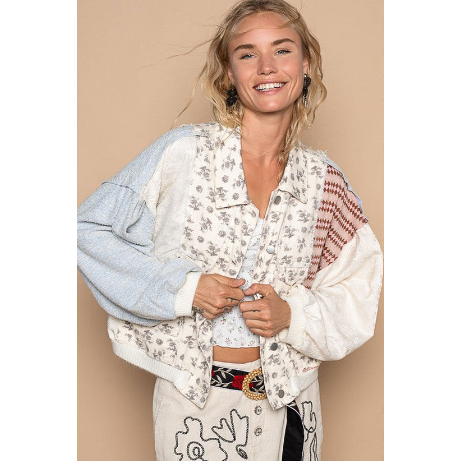 POL Printed Drop Shoulder Button Up Jacket Cream Multicolor / S Apparel and Accessories
