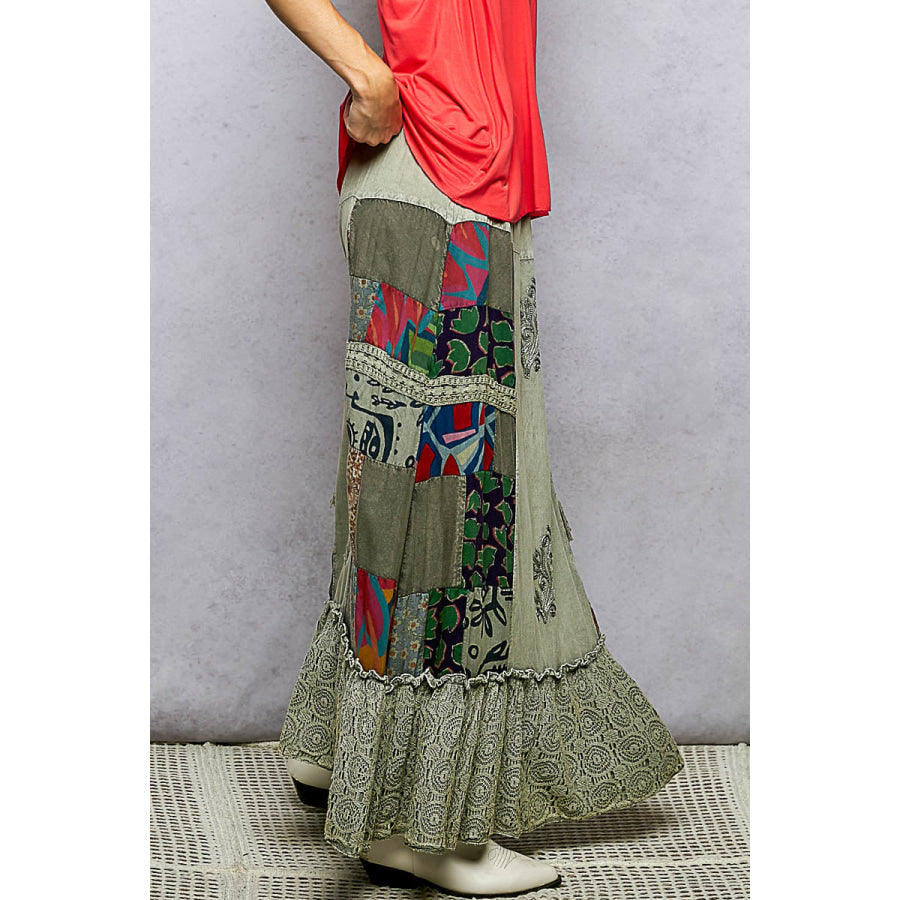 POL Printed Patchwork Embroidered Ruffled Skirt SAGE MULTI / S Apparel and Accessories