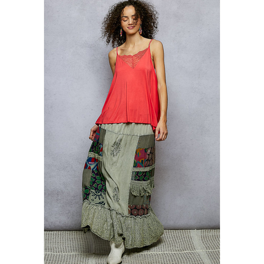 POL Printed Patchwork Embroidered Ruffled Skirt Apparel and Accessories