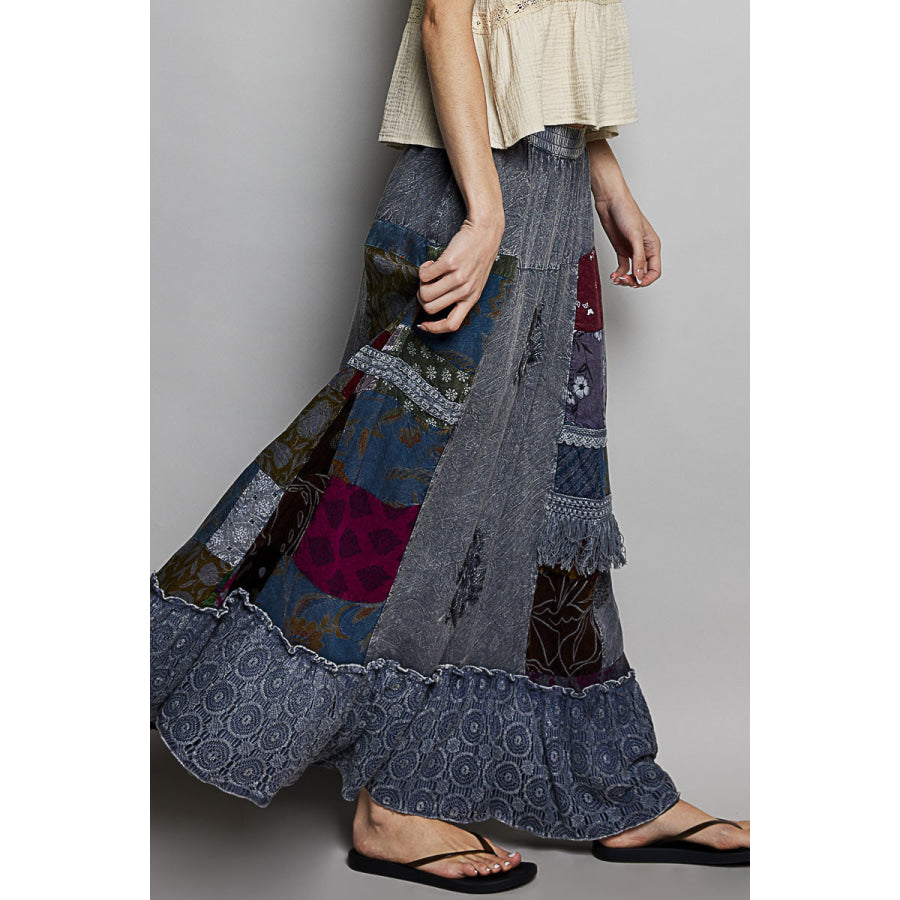 POL Printed Patchwork Embroidered Ruffled Skirt CHARCOAL MULTI / S Apparel and Accessories