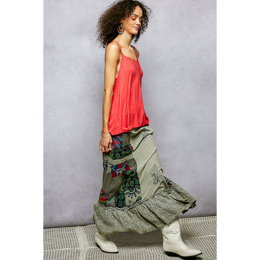 POL Printed Patchwork Embroidered Ruffled Skirt Apparel and Accessories