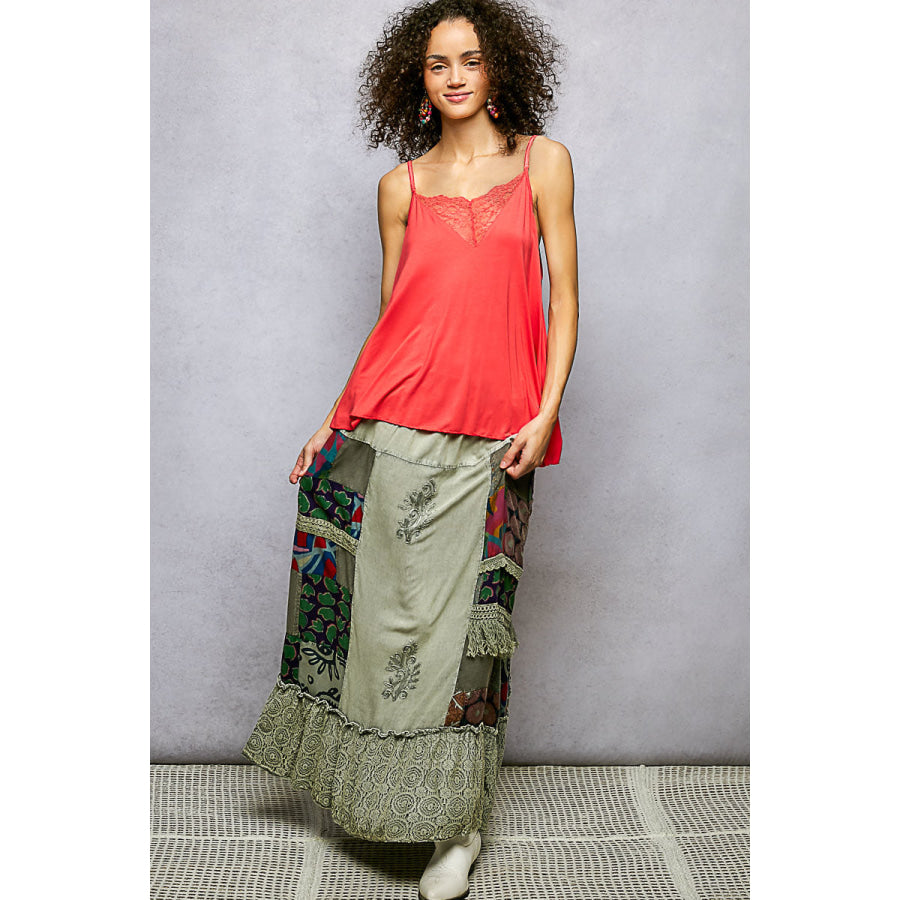 POL Printed Patchwork Embroidered Ruffled Skirt Apparel and Accessories