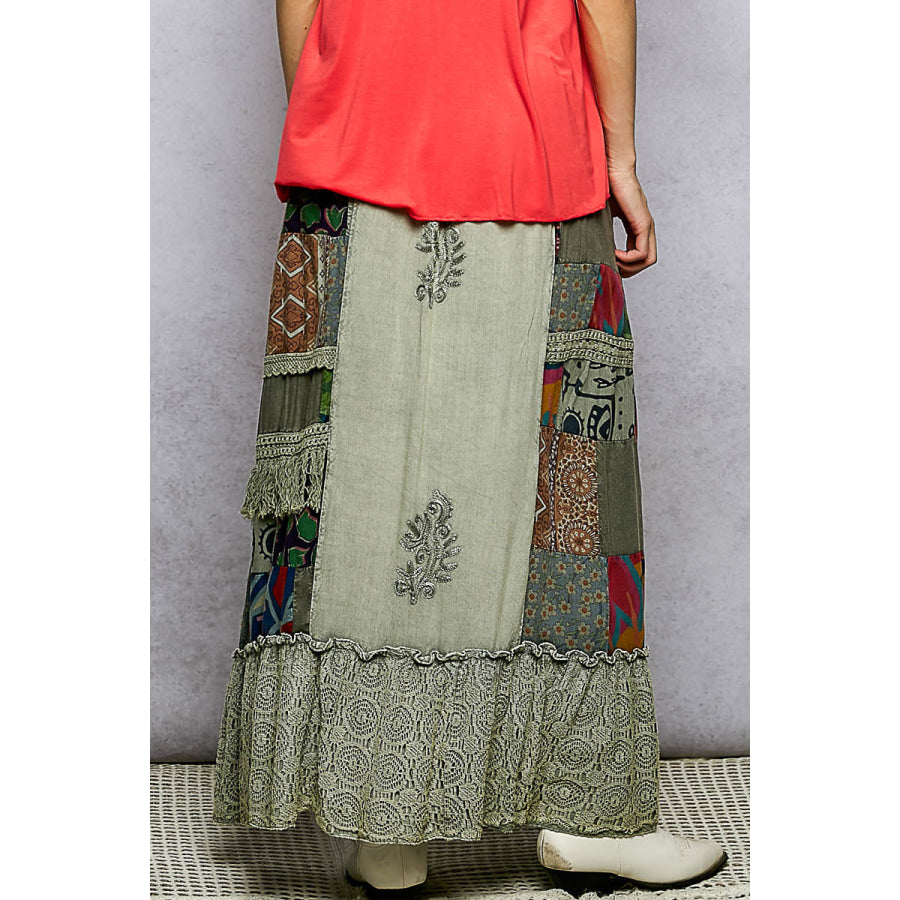 POL Printed Patchwork Embroidered Ruffled Skirt Apparel and Accessories