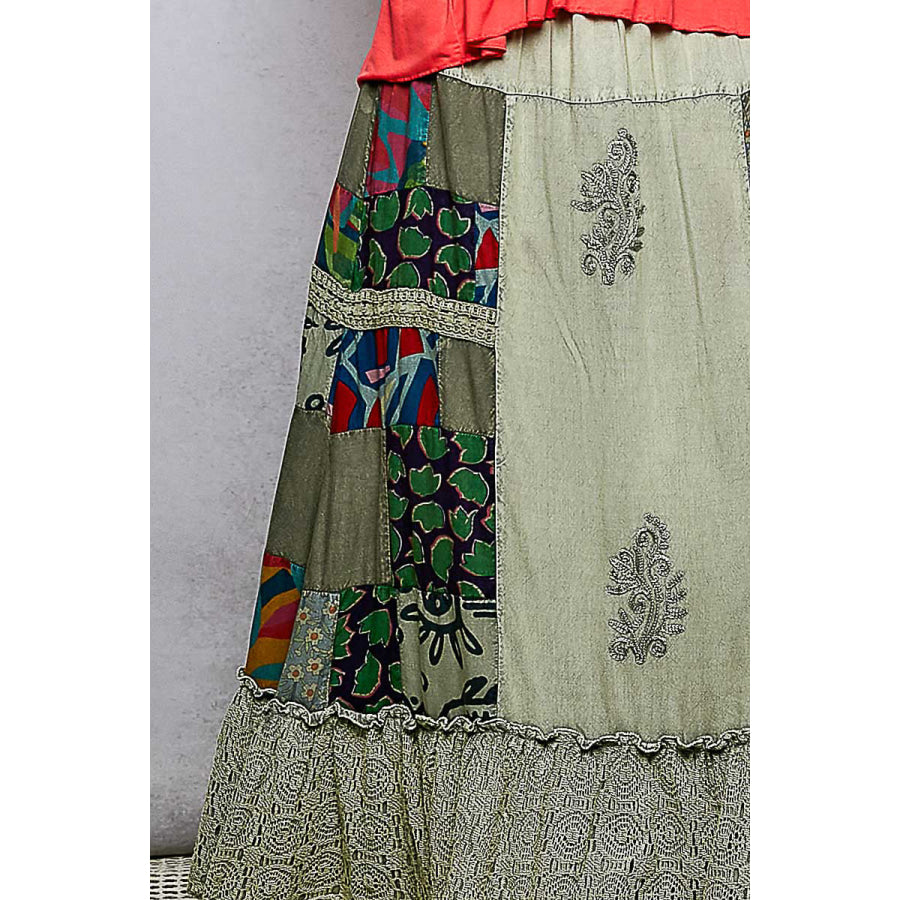 POL Printed Patchwork Embroidered Ruffled Skirt Apparel and Accessories