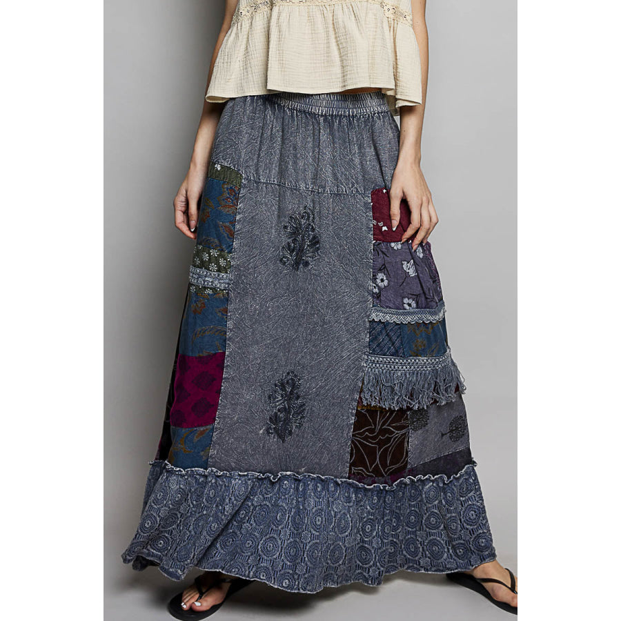 POL Printed Patchwork Embroidered Ruffled Skirt CHARCOAL MULTI / S Apparel and Accessories
