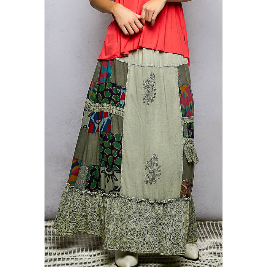 POL Printed Patchwork Embroidered Ruffled Skirt SAGE MULTI / S Apparel and Accessories