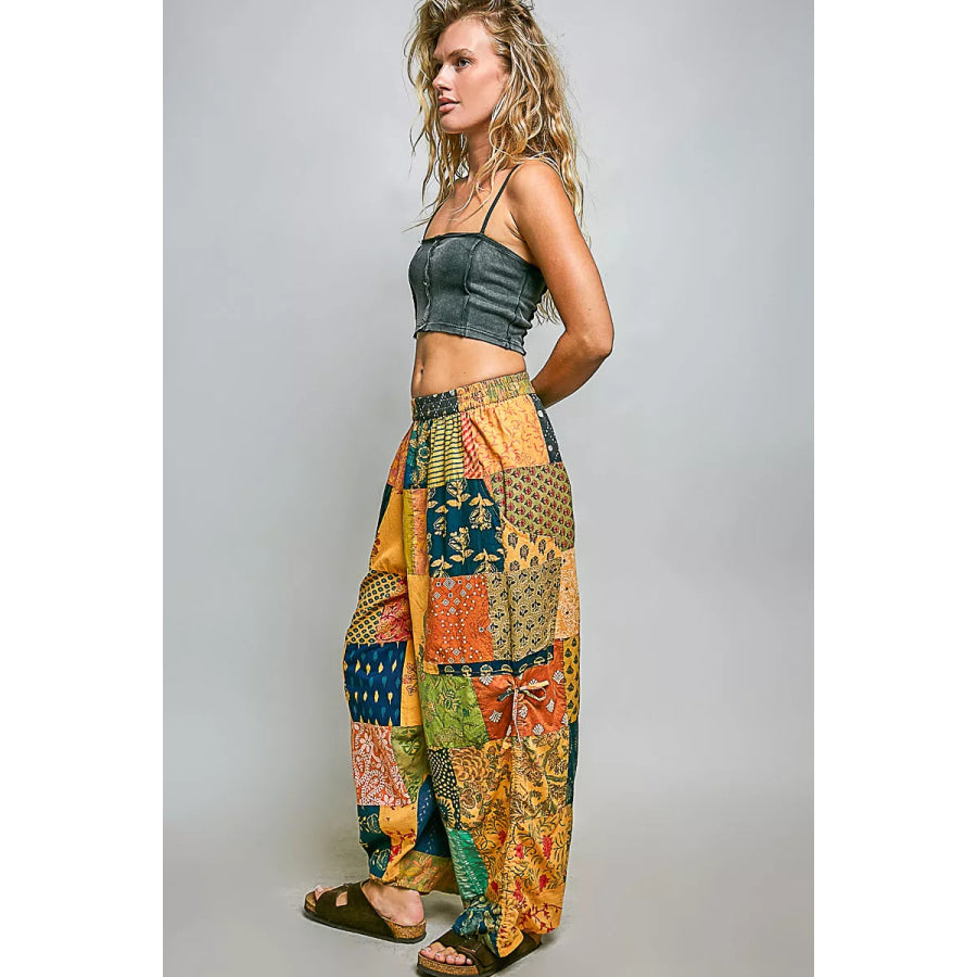 POL Printed Patchwork Wide Leg Pants with Adjustable Side Drawstring Apparel and Accessories
