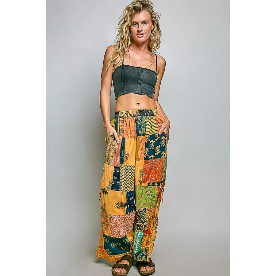 POL Printed Patchwork Wide Leg Pants with Adjustable Side Drawstring Apparel and Accessories