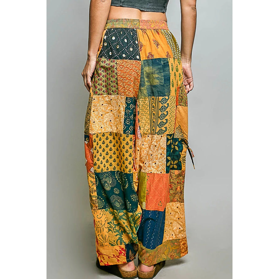 POL Printed Patchwork Wide Leg Pants with Adjustable Side Drawstring Apparel and Accessories