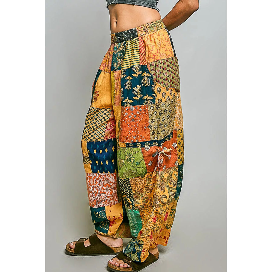 POL Printed Patchwork Wide Leg Pants with Adjustable Side Drawstring HONEY MULTI / S Apparel and Accessories