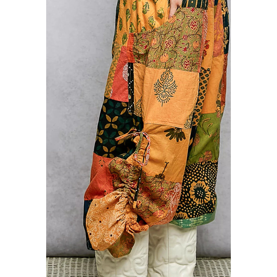 POL Printed Patchwork Wide Leg Pants with Adjustable Side Drawstring Apparel and Accessories