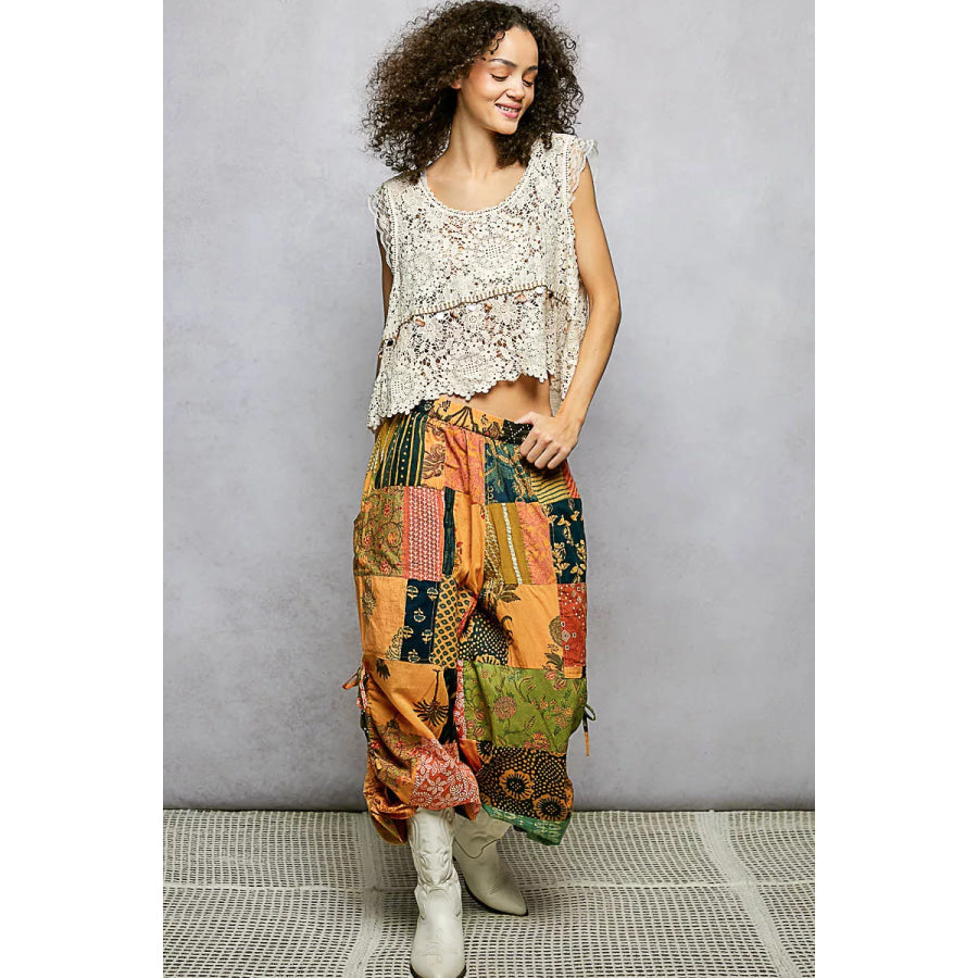 POL Printed Patchwork Wide Leg Pants with Adjustable Side Drawstring Apparel and Accessories