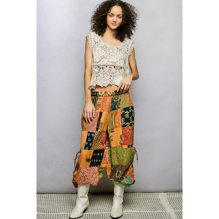 POL Printed Patchwork Wide Leg Pants with Adjustable Side Drawstring Apparel and Accessories