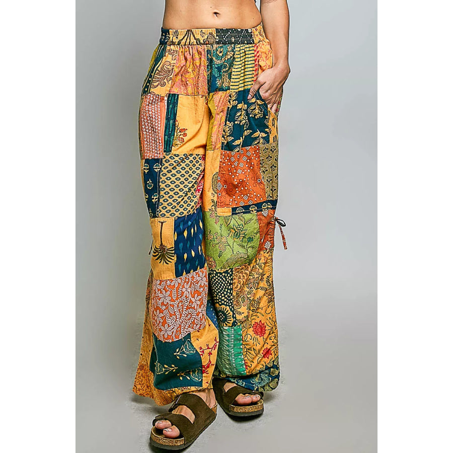 POL Printed Patchwork Wide Leg Pants with Adjustable Side Drawstring HONEY MULTI / S Apparel and Accessories
