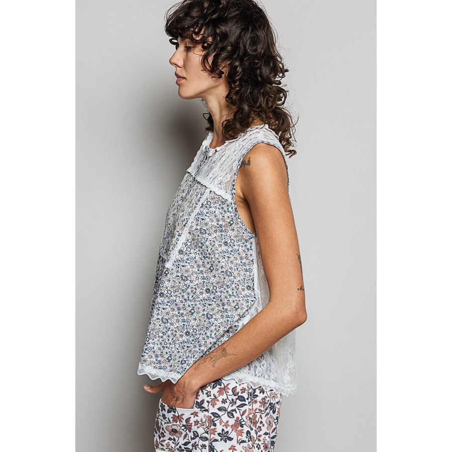 POL Printed Woven Lace Back Round Neck Sleeveless Top Apparel and Accessories